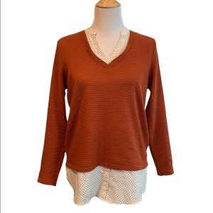 Fransa | Rusty Orange V-neck With White & Black Polka Dot Trim